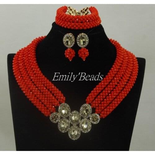 Indian Wedding Jewelry Sets Red Nigerian Costume African Crystal Bridal Beads Jewelry Set Bridal Necklace Free Shipping ALJ342