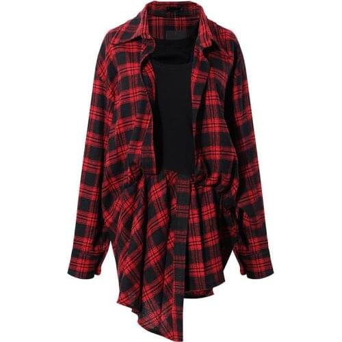 Plaid Shirt Womens Cardigan Lapel Irregular Mid-Length Coat Top Mall Goth2021 Spring New Long-Sleeved Plaid Shirt Fake Two