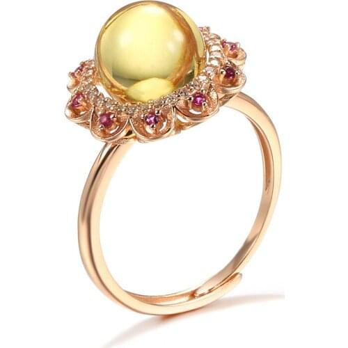 S925 Sterling Silver Gold-Plated Inlaid Natural Amber AAA Zircon Flower Ring 2021 New Ethnic Style Ring Female