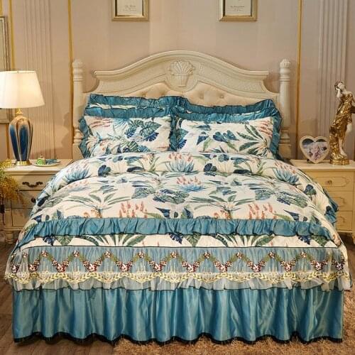 4Pcs Satin Silk Quilting lace Princess style bedding sets queen king size duvet cover set bed skirt set pillowcase bedclothes