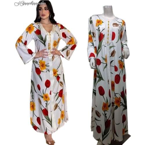 New Women Floral Abaya Dubai Party African Maxi Dresses Islamic Muslim Vestidos Female V-Neck Kaftan Loose Robe Turkey Clothing