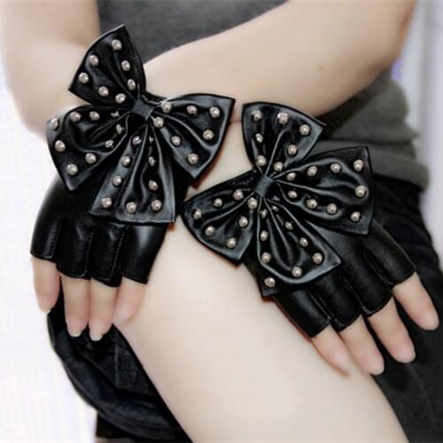 Fashion Gloves Stage Performance Elegant Girls Half-finger Gloves Rivet Bowknot PU Leather Gloves for NightClub