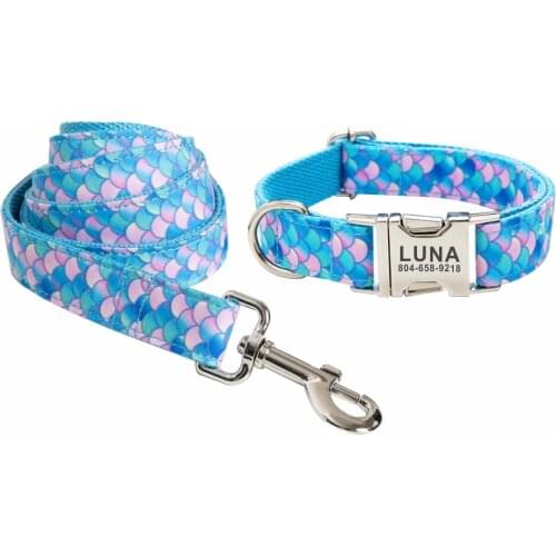 Personalized Dog Collar Customized Pet Collars Free Engraving ID Nameplate Tag Pet Accessory Mermaid Puppy Collars Leash Set