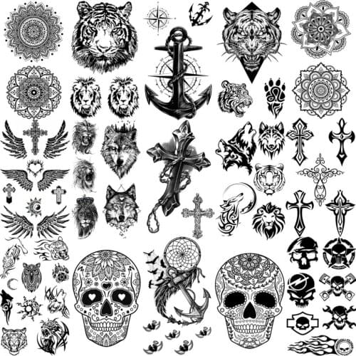 Realistic Cross Anchor Temporary Tattoos For Women Adult Men Mandala Skull Tiger Wings Fake Tattoo Sticker Washable Small Tatoos