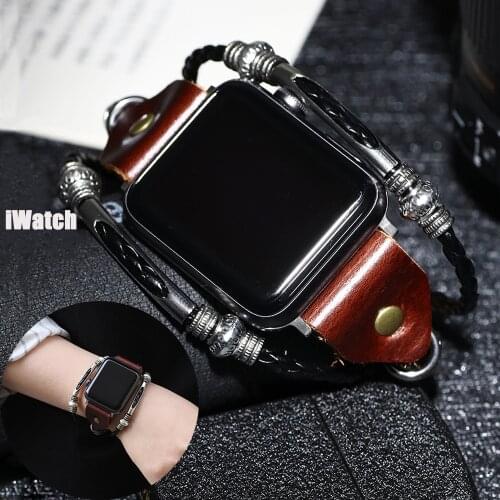 Leather Stainless Steel Strap for Apple Watch 42mm 40mm 38mm 44mm Bracelet for Iwatch 6 5 4 3 Tsy Vintage Cowhide Watch Band