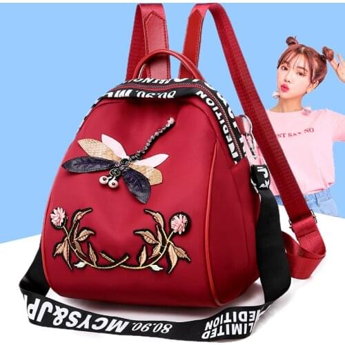 Dragonfly Travel Backpack Trend Women Embroidery Wide Strap Bag Portable Ladies Oxford Cloth Messenger Bags Solid Color Handbags