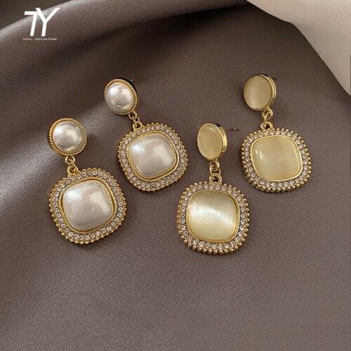 New Classic Geometric Pearl Opal Square Drop Earrings For Woman 2021 Korean Fashion Jewelry Wedding Party Girls Unusual Earring