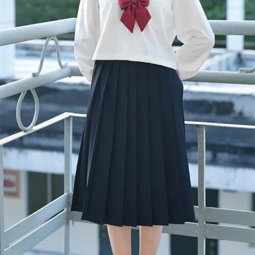 Elastic Waist Japanese Student Girls School Uniform Solid Color JK Suit Pleated Skirt Short/Middle/Long High School Dress