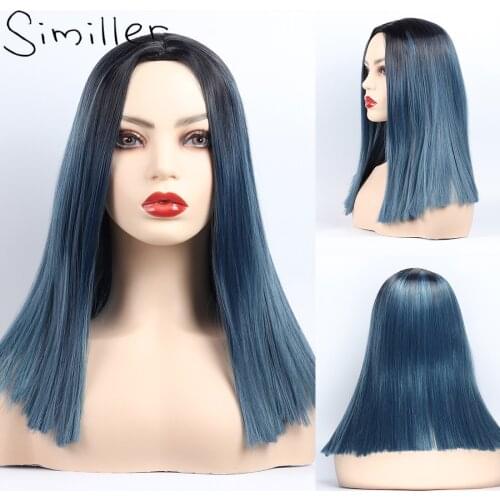 Similler Ombre Blue Dark Root 16 Inches Synthetic Wigs For Women Straight Hair Girl Cosplay Wig Central Part
