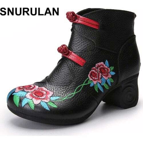 SNURULAN women 2017 winter fashion genuine leather handmade high heel vintage embroidery flower shoes short boots