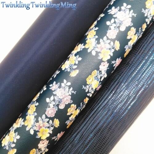 Navy Blue Rose Printed Faux Leather Fabric, Lizard Synthetic Leather Fabric Sheets For Bow A4 8"x11" Twinkling Ming XM368