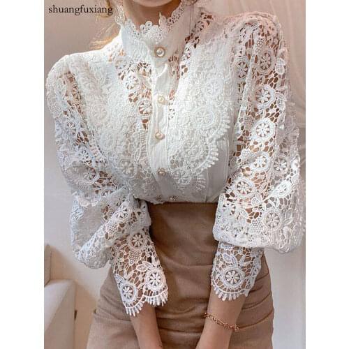 Sexy White Lace Patchwork Shirt Blouse Spring Fall Fashion Long Sleeve Hollow Out Vintage Slim Shirts Black Button Tops Femme