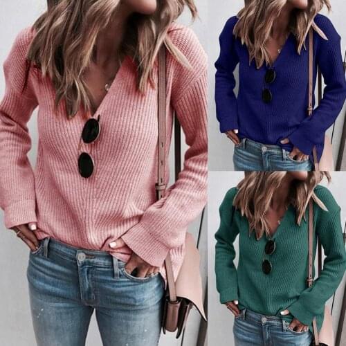 Women Autumn winter Knitwear Solid Color V Neck Ribbed Loose Sweater Blouse Casual Basic Tops Stylish New Loose Fashion Tops