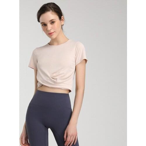 Women Crop Tops Tied Naked Feel Gym Sport Anti-sweat Dance Yoga CroppedT-shirts Athletic Short Sleeved Shirts Plain colors