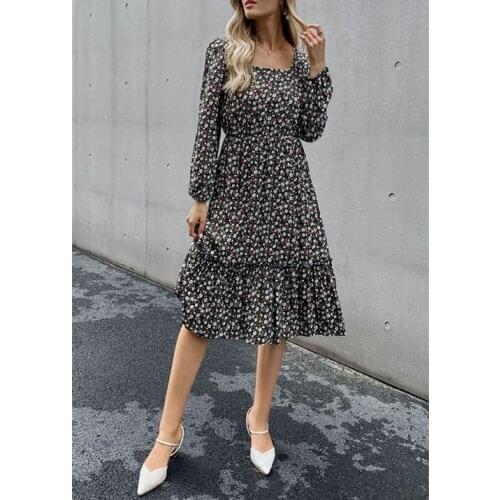 Spring Elegant Floral Bohemian Womens Dress Casual Waist Long Sleeve Dress Fashion Square Neck Bubble Sleeve Clothing for Women