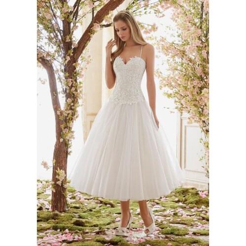 Robe De Mariage Sweetheart Spaghetti Straps Tea Length Short Tulle Bridal Gown Vestido De Novia 2018 lace bridesmaid dresses