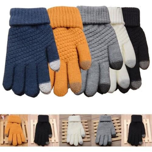 1 Pair Winter Warm Gloves Men Women Touch Screen Fleece Lined Thermal Knitted Black Glove Mittens