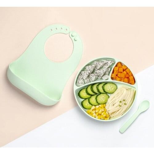 3 Pcs Baby Newborn Bibs+Divided Dinner Plate+Spoon Set Waterproof Food Grade Silicone Feeding Saliva Towel Bowl Dishes Kit
