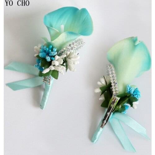 YO CHO Wedding Boutonniere PU Calla Lily Flower Groomsmen Brooch Pins Artificial Calla Flower Men Corsage Party Prom Accessories