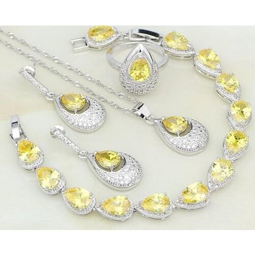 Crown Yellow Cubic Zirconia White CZ 925 Sterling Silver Jewelry Sets For Women Party Earrings/Pendant/Necklace/Bracelet/Ring
