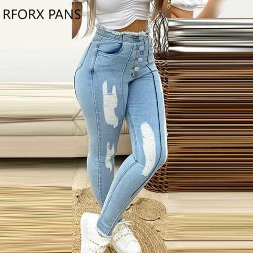 Women fashion clothes ripped button line skinny blue pencil jeans