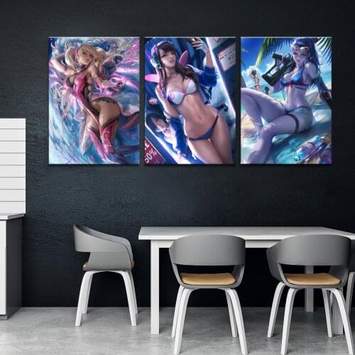Home Decor Modular Canvas Picture 3 Piece Sexy Mercy D.VA Overwatch Game Painting Poster Wall For Home Canvas Painting Wholesale
