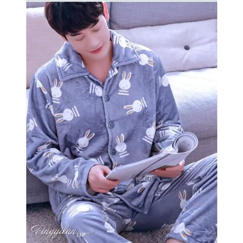 Mens Warm Fleece Pajamas Girls Thickened Flannel Homewear Long Sleeved Coral Velvet Leisure Suit Cartoon Housewear D-2076