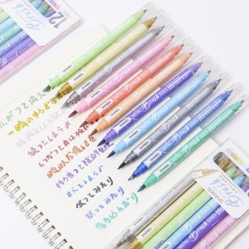 12pcs Color Brush Pen Set Metallic Drawing Art Marker Dual Tip Brush Pen Calligraphy Sketching School Supplies E6912