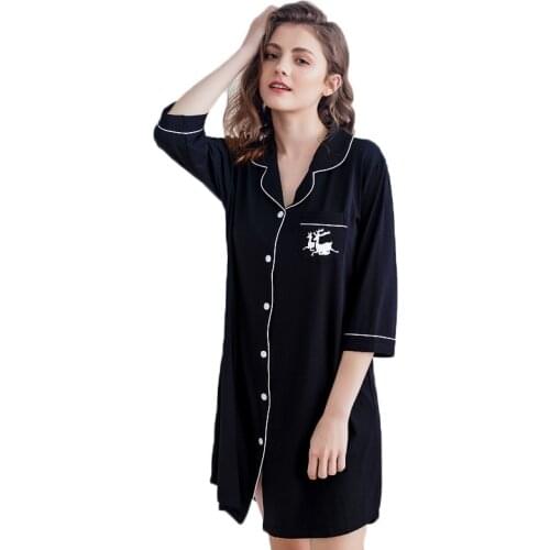 Brand New Fashion Womens Pajamas High Quality Cotton Pijamas Black Solid Ladies Cardigan Nightgown Home Sleepwear Loungewear
