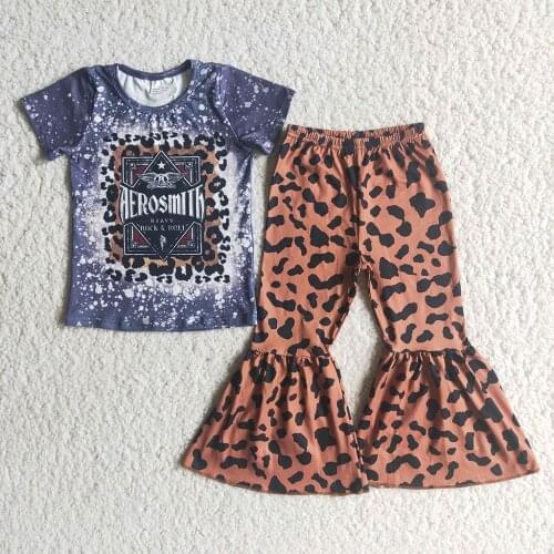 Little Girls Dark Purple Bleached 2021 Fall Winter Letter Top Cheetah Bell Pants Clothing Kids Baby Children Outfits