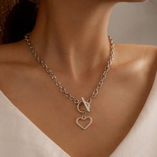 Punk Silver Color Clavicle Chain Necklaces For Women 2021 Fashion Hollow Heart Pendant Necklaces Female Jewelry Accessories Gift