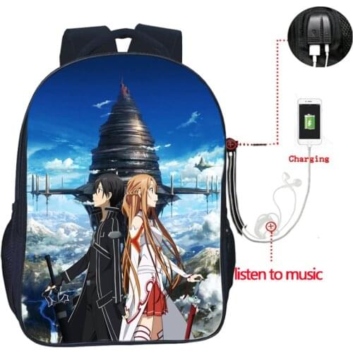 Beautiful Sword Art Online USB Charge Backpack School Rucksack Student Book Bags Men Women Laptop knapsack