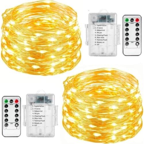 Yohencin Fairy String Lights, 2 Set 33ft 100 Led Battery Operated Remote Control 8 Mode Waterproof for Garden Warm White