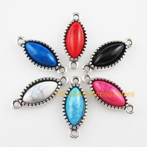 12 New Oval Mixed Charms Acrylic Eyes Tibetan Silver Tone Connectors 10x24mm