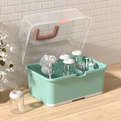 Baby Bottle Storage Drying Rack Portable Nursing Box Container Anti-Dust Protect Cover Dish Drain Board With Easy-Carry Handle