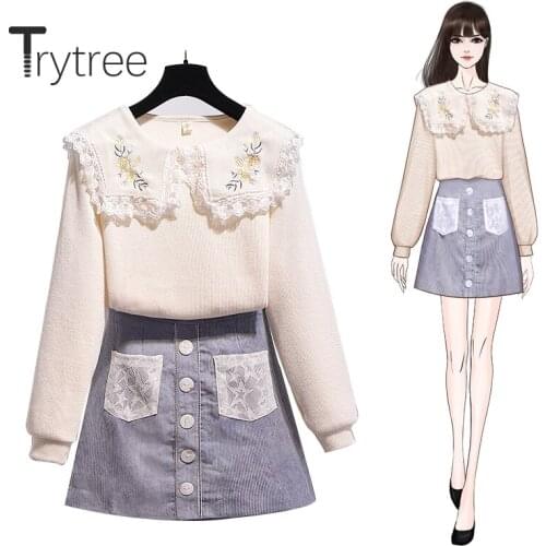 Trytree 2020 Spring Woman Two Piece Set Casual Peter pan Collar Lace Embroidery Knitted Top + Skirt Mini Pockets Set 2 Piece Set