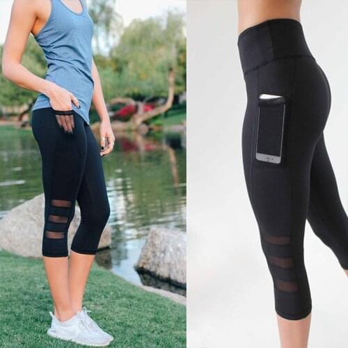 European and American seven-point running sports leggings side pocket mobile phone three-section mesh yoga pants