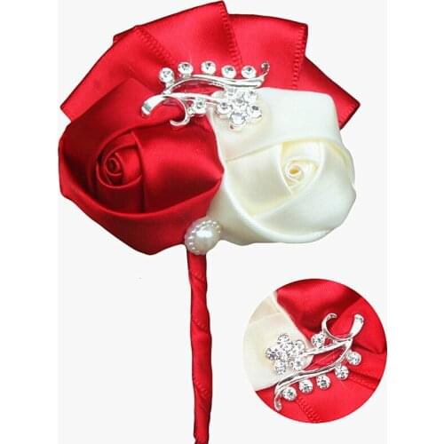 Factory Sale Red Ivory Groom Boutonniere Rose Flower Diamond Wedding Party Mans Suit Pin Brooch Flower XH1317-2