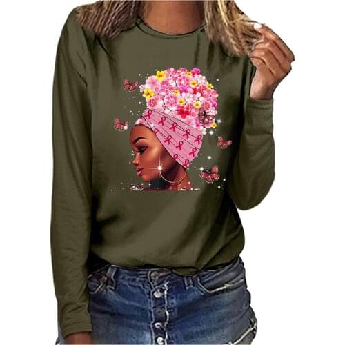 Women Long Sleeve Round Neck T-shirt Lovely Women Head Splicing Printing Solid Color Casual All-match Girls T-shirt