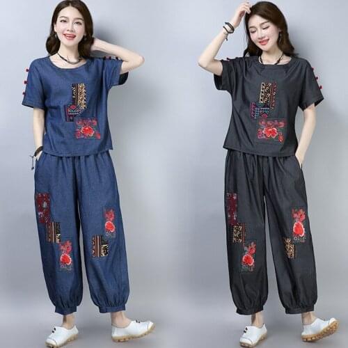 Womens sets National style two-piece new summer Chinese style embroidery Tops+ loose bloomers large size denim Pants suit