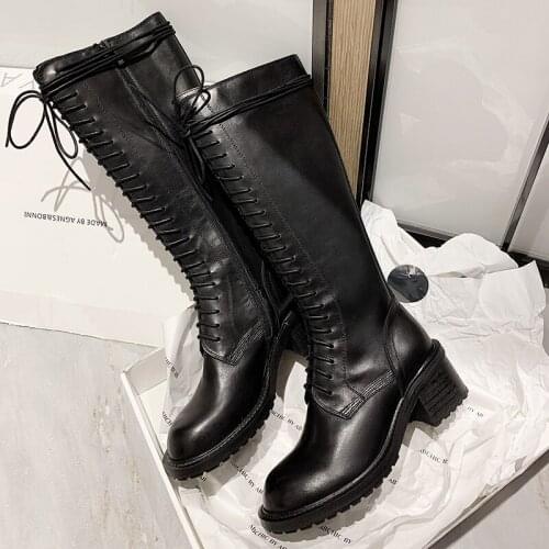 2021 New Winter Sexy Women Knee High Boots Black Leather Front Lace Up Side Zipper Platform Woman Long Boots Shoes