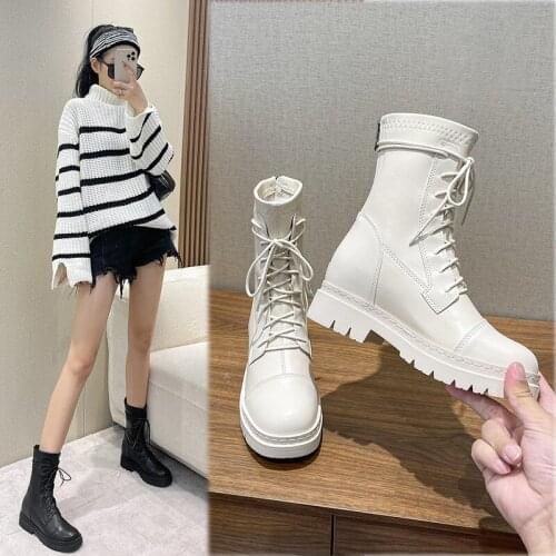 Big Size 43 cross-tied riding boots women ins winter plush chelsea bottine internal Increase chunky heels knight botas mujer2021