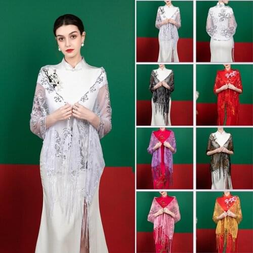 White Red Long Bolero Women Stole Sequins Beaded Evening Dresses Bolero Wedding Cape Bridal Shawls Wraps Party Ladies Scarf