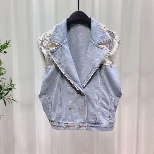 New Summer Denim Vest Womens Double breasted Beading Jeans Jackets Coats Lace Embroidery Patchwork Suit Collar Loose Waistcoat