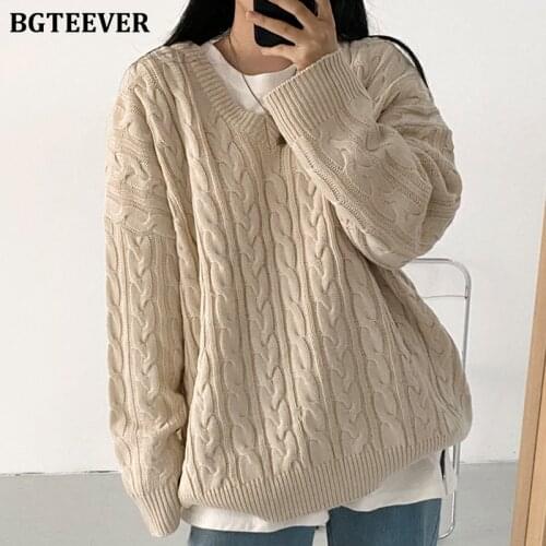 BGTEEVER V-neck Loose Vintage Women Sweater Jumpers 2020 Autumn Winter Pullovers Thick Warm Female Solid Twisted Knitting Tops