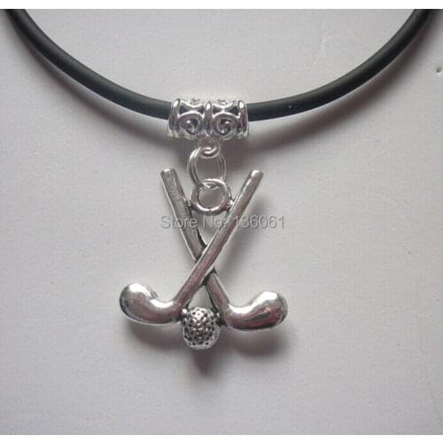 10PCS Vintage Silver Golf Clubs&Ball Necklace Pendants Charms Choker Leather Statement Necklace DIY Women JewelryGifts X531