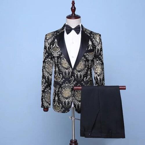 2021 men groom suit set with pants mens wedding suits singer star style dance stage clothing Hot silver flower formal dress