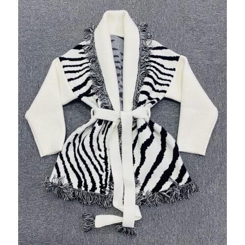 2021SS Spring High Quality Women Elegant Belts Zebra Prints Tassel Cardigans Female Wool Jacquard Knitted Coat Sweater