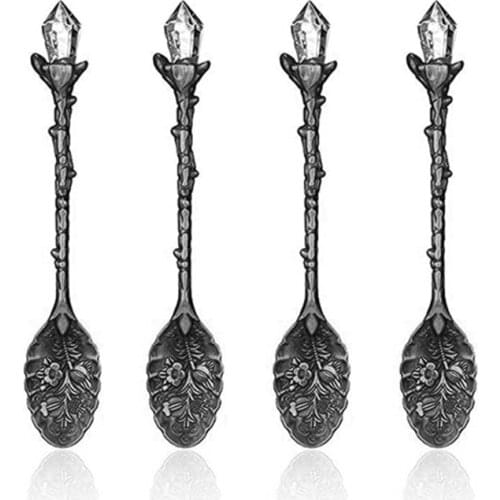 4 Pcs Retro Crystal Alloy Stereoscopic Spoon Coffee Tea Decorative Dessert Ice Cream Spoons for Cafe Tableware