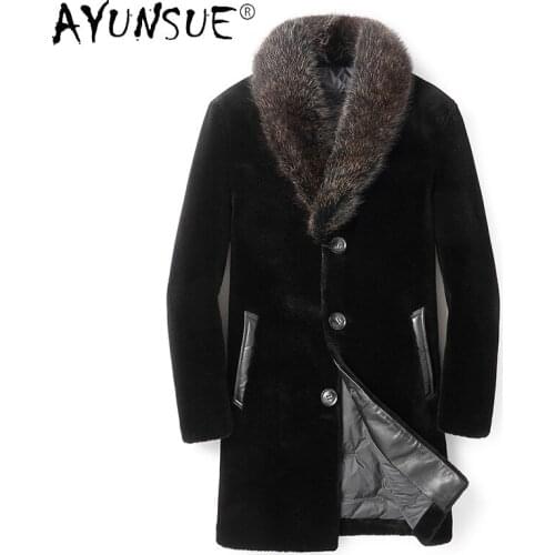 AYUNSUE Winter Warm Real Fur Coat Men 100% Wool Natrual Raccoon Fur Collar Jacket Down Coats Clothes Chaquetas Hombre WPY4095